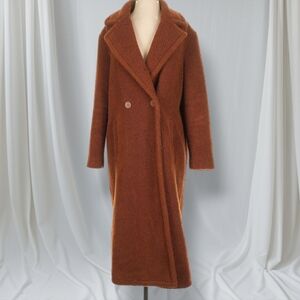 Maje Shearling Teddy Long Faux Fur Shearling Coat Reddish Brown